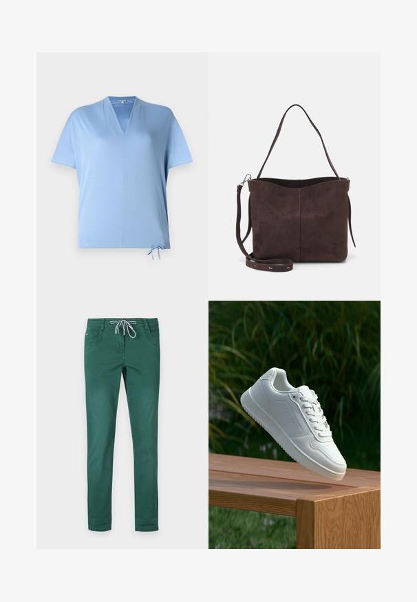 Svetlomodrý top s krátkym rukávom a výstrihom do V, s regulovateľným spodným okrajom. Hladká textúra a voľný strih, vhodný na neformálne nosenie.; Zelené nohavice z bavlneného zmesi so strihom rovného nohavicu, s nastaviteľným pásom na šnúrku a dvoma prednými vreckami. Hladká textúra a bez vzorov.; Biele tenisky s hladkým syntetickým zvrškom, perforovanou špičkou, plochými šnúrkami a textúrovanou podrážkou, vystavené na drevenej ploche.; Hnedá semišová taška s mäkkou textúrou, vybavená jedným ramenným popruhom a jemne zakriveným horným otvorom. Bez viditeľných hardvérových detailov.