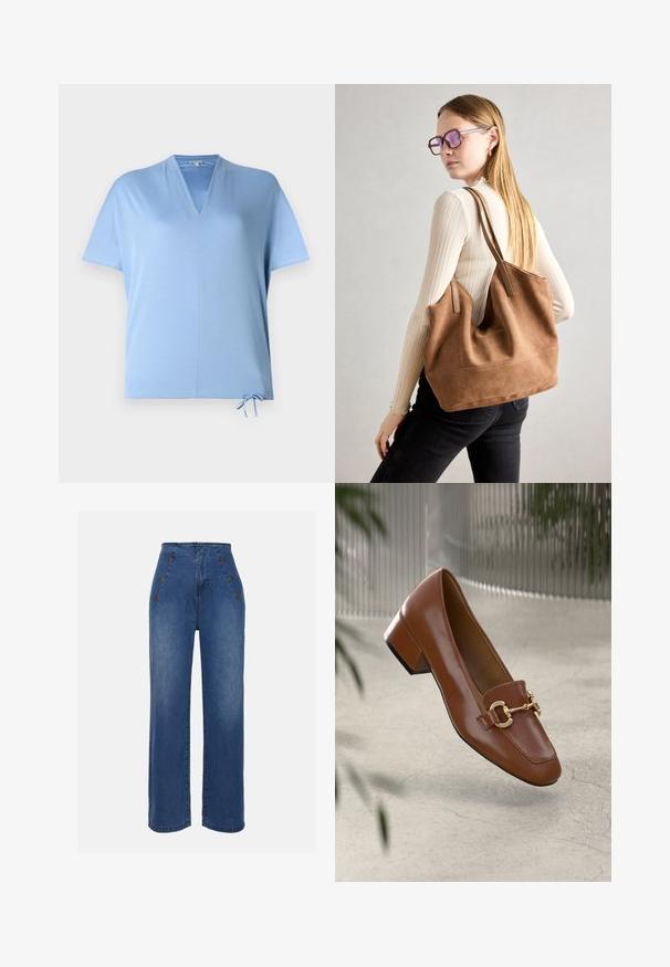 Gaiši zils īsām piedurknēm tops ar V veida kakla izgriezumu un auklas apakšmalu. Gluda tekstūra un brīvs piegriezums, piemērots ikdienas valkāšanai.; Augstas jostas denima bikses vidēji zilā krāsā. Iespējas ir priekšējie pogu akcenti un plata kāju dizains. Audumam ir gluda tekstūra ar nelielu nodilumu.; Brūni lakoti ādas loaferi ar kvadrātu purngalu, metālisku ķēdes akcentu un zemu blokveida papēdi; gluda tekstūra, minimālisma dizains.; Burgundijas zamšs tote soma ar mīkstu tekstūru, plašu atveri un garām siksnām. Iezīmē vienkāršu dizainu ar redzamām šuvēm un bez aparatūras.