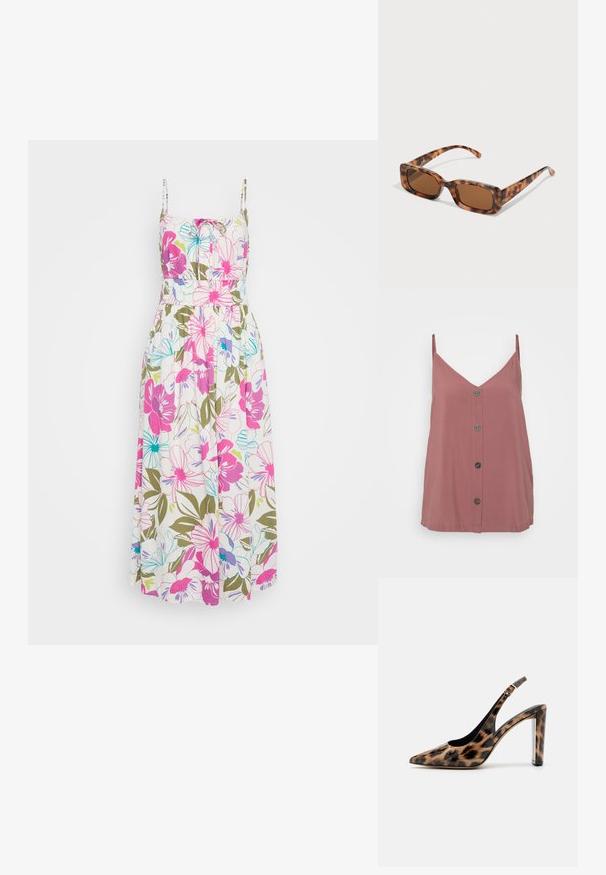 Rose-colored camisole top, featuring a V-neck, thin straps, and a front button closure with five round, dark buttons. Smooth texture.; Floral maxi dress with thin straps, featuring bright pink, blue, and green flowers on a white background, gathered waist, and flowy fabric.; Leopard print slingback pump with a pointed toe and transparent block heel. Made of glossy material with a smooth texture.; Tortoiseshell sunglasses with rectangular brown lenses, a thick frame, and slim arms featuring a pattern of varying shades of brown.; Yellow woven clutch wallet with a flap design, a detachable wrist strap, and a gold chain accent. Smooth texture and rectangular shape.; Silver hoop earrings with a smooth, polished finish. Round shape and secure click-top closure. Lightweight design suitable for everyday wear.