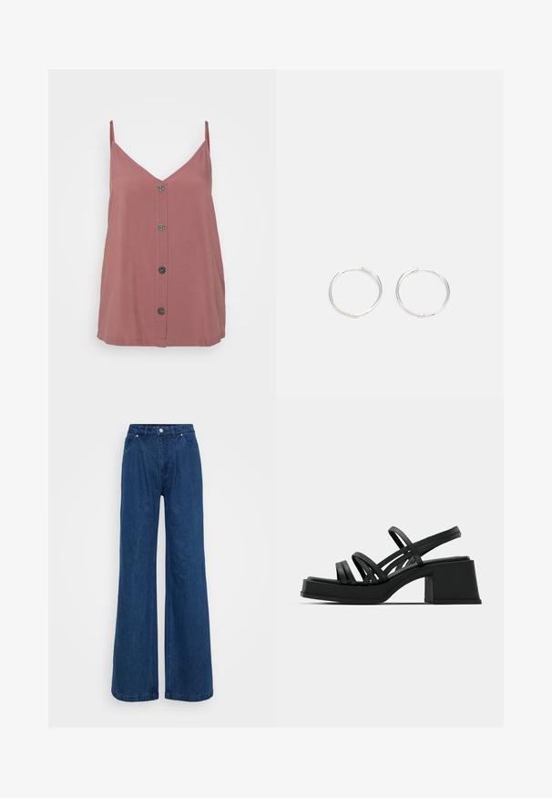 Rosa farbenes Camisole-Top mit V-Ausschnitt, dünnen Trägern und einer Frontknopfleiste mit fünf runden, dunklen Knöpfen. Glatte Textur.; Weite blaue Jeans mit hoher Taille, vorderem Knopf- und Reißverschlussverschluss sowie Vorder- und Hintertaschen vor einem schlichten Hintergrund.; Schwarze Absatzsandalen mit mehreren dünnen Riemen und einem breiten Blockabsatz. Schlankes Design mit matter Textur. Der Fußbett hat eine leichte Kurve.; Silberne Creolen mit einem schlanken, runden Design, das eine glatte Oberfläche und keine sichtbaren Verzierungen aufweist. Durchmesser nicht angegeben.