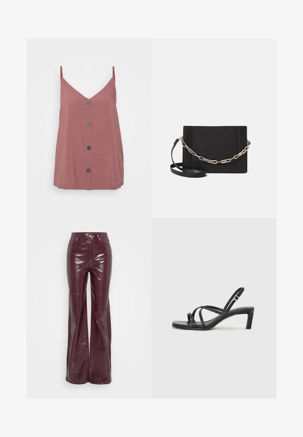 Top sottile color rosa, caratterizzato da scollatura a V, spalline sottili e una chiusura frontale con cinque bottoni rotondi scuri. Texture liscia.; Pantaloni finti in pelle bordeaux a vita alta, con gamba svasata, bottone frontale e tasche, esposti su uno sfondo bianco.; Sandalo nero con cinturini, dalla punta squadrata e tacco basso a blocco. Presenta diversi cinturini sottili e una cinturini regolabile alla caviglia. Realizzato in pelle liscia.; Borsa a tracolla nera in pelle con una texture liscia, forma rettangolare e dettaglio in catena metallica sul davanti. Inclusa una tracolla regolabile.