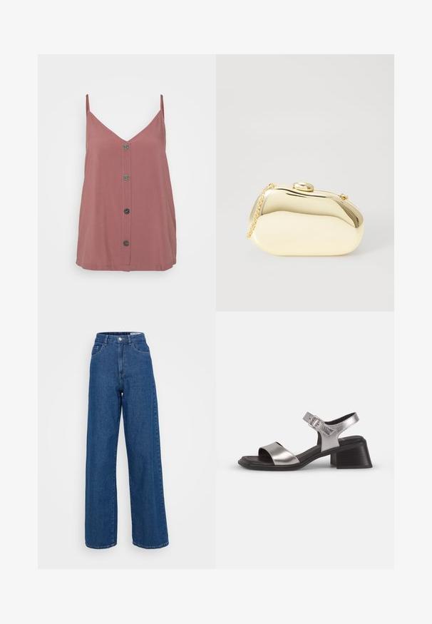 Top de camisolă de culoare roz, cu decolteu în V, bretele subțiri și închidere frontală cu cinci nasturi rotunzi, negri. Textură netedă.; Jeans de denim albastri cu croi larg, talie înaltă, buzunare frontale și un model de spălare subtil. Închidere cu un nasture și fermoar.; Sandale din piele argintie cu vârful deschis, având o curea frontală lată, curea pentru gleznă cu cataramă și un toc mediu pătrat.; Clutch metalizat de culoare aurie, cu o formă netedă și rotundă, având un închizător tip buton în partea de sus și o curea mică pentru purtare.