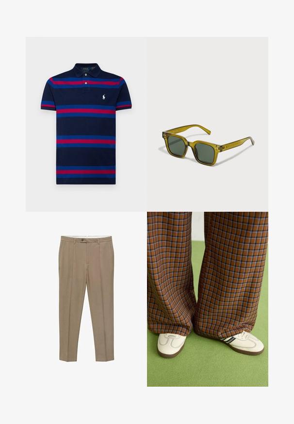 Polo Ralph Lauren SHORT SLEEVE - Polo - newport navy multi; Pantalon beige en tissu doux, avec une coupe droite, des poches avant et une fermeture à bouton unique à la taille.; Un pantalon large à carreaux marron et bleu associé à des chaussures blanches avec des accents noirs et des semelles texturées, le tout sur fond vert.; Lunettes de soleil teintées de vert avec des montures transparentes en plastique jaune-vert, de forme carrée, avec des verres larges et des accents en métal au niveau des charnières.
