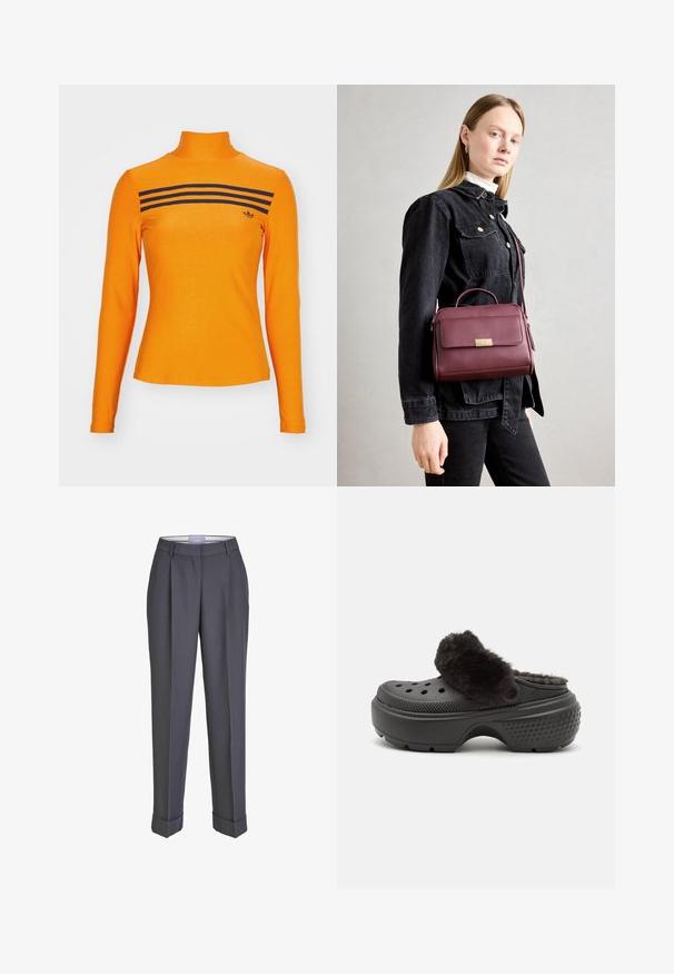 adidas Originals LS 3S - Langarmshirt - unity orange; Dunkelgraue Tailor-Hosen mit geradem Bein, gefalteter Vorderseite und umgeschlagenen Säumen. Hergestellt aus glattem Stoff und mit einem klassischen Bund versehen.; Schwarze Clogs mit einem weichen, plüschigen Oberband, das an der Vorderseite mit Perforationen versehen ist und eine strukturierte Ferse für besseren Halt aufweist. Leicht und im Slip-On-Design.; Burgunderfarbene Lederhandtasche mit goldener Schnalle, strukturierte Form, Obergriff und verstellbarer Schulterriemen. Modell trägt eine Jeansjacke.