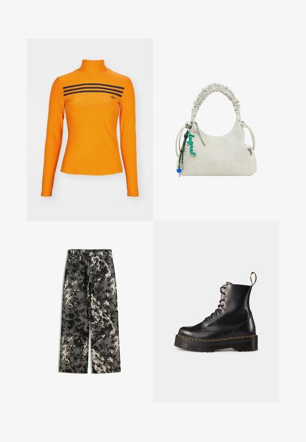 adidas Originals LS 3S - Langarmshirt - unity orange; Hochtaillierte, weit geschnittene Hose mit einem strukturierten schwarz-weißen Blumenmuster auf grauem Hintergrund, mit einem klassischen Bund und vorderen Taschen.; Schwarze Leder-Schnürstiefel mit knöchelhohem Schaft, einer robusten schwarzen Sohle und gelben Nähten. Verfügt über eine Lasche hinten und runde Metallösen.; Off-white Handtasche aus Kunstleder mit gerafftem Griff, Reißverschlusstasche und grünem Anhänger. Glatte Textur, dezentes geprägtes Logo und elegantes Design.