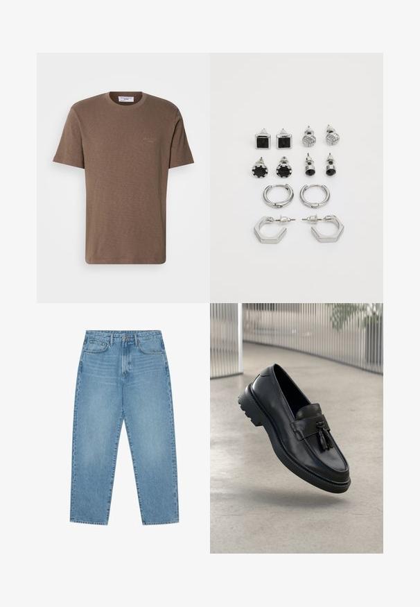 Bruine katoenen T-shirt met ronde hals, korte mouwen en een subtiel logo op de borst; lichte stof met een zachte, gestructureerde afwerking.; Lichtblauwe denim jeans met een rechte pijp, vijfzakkenontwerp en een licht verweerde look. Voorzien van een knoop- en ritssluiting.; Zwarte leren loafers met een gladde afwerking, decoratieve kwast, dikke rubberen zool en gestikte accenten. Lichtgewicht en strak ontwerp.; Set van zilverkleurige oorbellen, bestaande uit twee paar creolen en zes paar stud oorbellen in verschillende vormen en texturen, inclusief zwarte accenten.