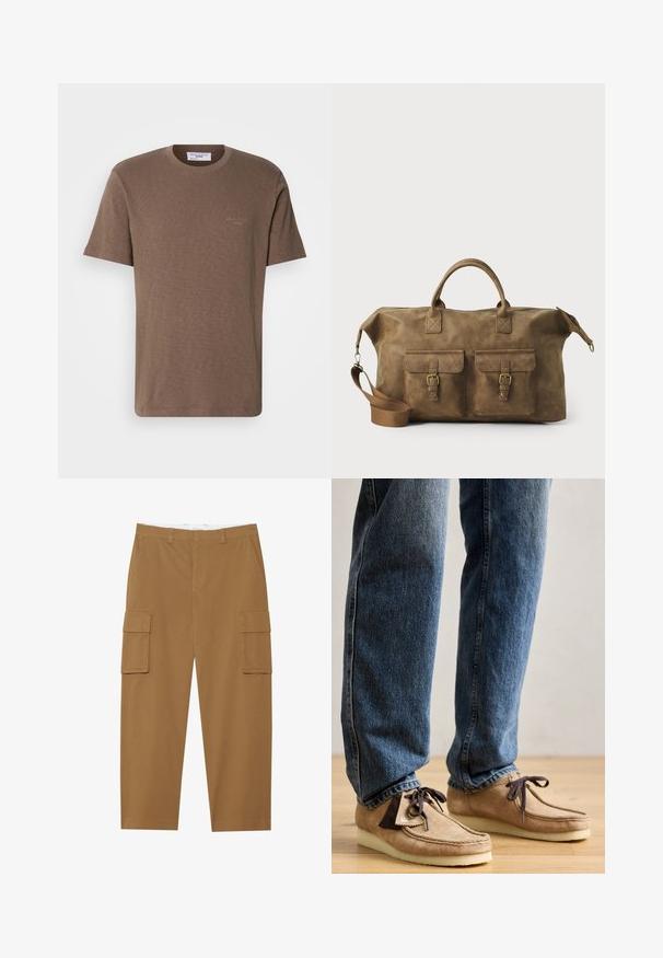 Braunes Baumwoll-T-Shirt mit Rundhalsausschnitt, kurzen Ärmeln und einem dezenten Logo auf der Brust; leichtes Gewebe mit einer weichen, strukturierten Oberfläche.; Braune Cargo-Hosen mit zwei Seitentaschen, flachem Vorderteil und geradem Beinansatz. Hergestellt aus einem strapazierfähigen Stoff mit glatter Textur.; Wildleder-Mokassins in Tan mit dunkelbraunen Akzenten, runder Zehenform und weichem weißen Fußbett. Sie verfügen über ein Schnürdesign und gestickte Details.; Braune Ledertasche mit zwei Fronttaschen, verstellbarem Schulterriemen, goldfarbenen Beschlägen und stabilen oberen Griffen. Glatte Textur.