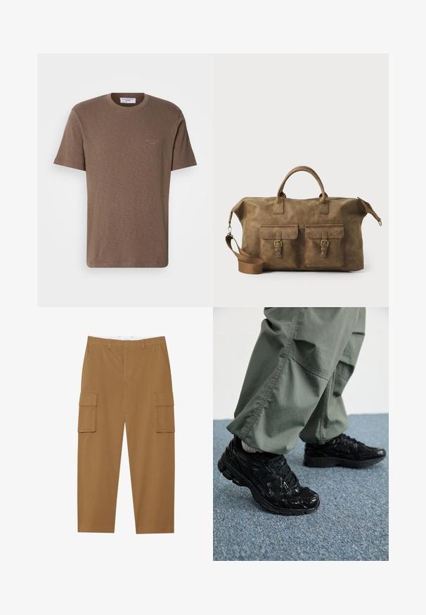Brūns kokvilnas T-krekls ar apaļu kaklu, īsām piedurknēm un noslēpumainu logo uz krūtīm; viegla auduma, ar mīkstu, teksturētu apdari.; Ceri brūni cargo bikses ar divām sānu kabatām, plakanu priekšpusi un taisnu kāju griezumu. Izgatavotas no izturīgas auduma ar gludu tekstūru.; Melni sporta apavi ar spīdīgu un sieta tekstūru, ar biezu zoli un auklām, kombinēti ar brīvām olīvzaļām kravas biksēm.; Brūns ādas ceļojumu soma ar diviem priekšējiem kabatām, regulējamu plecu siksnu, zelta detaļām un stingrām augšējām rokturiem. Gluda tekstūra.