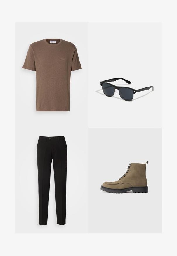 Braunes Baumwoll-T-Shirt mit Rundhalsausschnitt, kurzen Ärmeln und einem dezenten Logo auf der Brust; leichtes Gewebe mit einer weichen, strukturierten Oberfläche.; Schwarze gerade geschnittene Hose aus glattem Stoff mit einem Knopfverschluss und seitlichen Taschen im klassischen Design.; Tansuede-Stiefel mit schwarzer Gummisohle, runder Zehenpartie, Schnürung vorne und kontrastierenden Nähten. Verfügt über eine Schlaufe an der Ferse für einfaches Anziehen.; Schwarze Sonnenbrille mit rechteckiger Form, dunklen Gläsern, silbernen Akzenten an den Bügeln und mattierter Oberfläche des Rahmens.