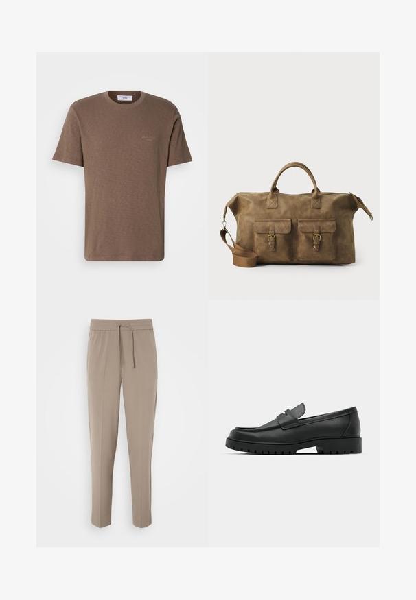 Hnedé bavlnené tričko s okrúhlym výstrihom, krátkymi rukávmi a decentným logom na hrudi; ľahká tkanina s jemnou textúrovanou úpravou.; Svetlo béžové nohavice s elastickým pásom, nastaviteľnou šnúrkou a zúženými nohavicami. Tkanina vyzerá hladko s jemným leskom.; Čierne kožené mokasíny s okrúhlou špičkou, s prešitým dizajnom, nízkou platformou a textúrovanou, zúbkovanou gumovou podrážkou.; Hnedá kožená taška na cestovanie s dvoma prednými vreckami, nastaviteľným ramenným popruhom, zlatými kovovými doplnkami a pevným horným uchom. Hladký povrch.