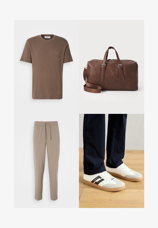 Barna pamut póló kerek nyakkivágással, rövid ujjakkal és diszkrét logóval a mellkason; könnyű anyag, puha, textúrált felülettel.; Világos bézs nadrág, rugalmas derékkal, állítható húzózsinórral és tapered lábakkal. Az anyag simának tűnik, enyhe fénylással.; Fehér és szürke sportcipők fekete csíkokkal, bőrből készültek, gumitalppal és lapos fűzővel. Tengerészkék nadrággal viselik egy fa padlón.; Barna bőr sporttáska tetején lévő fogantyúkkal, levehető pánttal, cipzáros záródással és sima textúrával. Minimalista dizájn, látható logók nélkül.