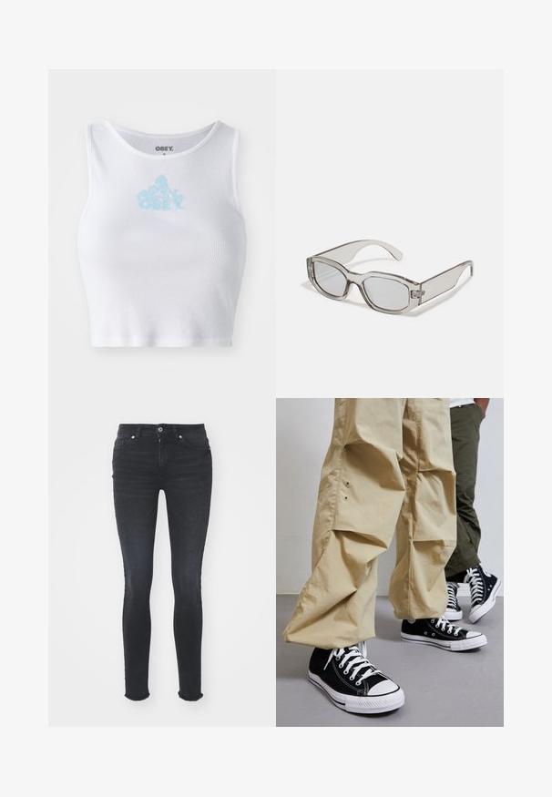 Biely rebrovaný crop top s okrúhlym výstrihom a svetlomodrým logom "OBEY" umiestneným na hrudi. Hladká textúra a priliehavý strih.; Čierne džíny Skinny s stredne vysokým pásom, piatimi vreckami a roztrhnutým okrajom. Tkanina má hladkú textúru s miernym elastickým efektom.; Čierne vysoké tenisky na plátne s bielymi gumovými podrážkami, skombinované so svetlo béžovými voľnými nohavicami s bočnými vreckami a uvoľneným strihom.; Sivá priehľadná slnečné okuliare s obdĺžnikovým tvarom, plochými šošovkami a hrubými ramienkami. Obsahujú jemný detail pántu na spánkoch.; Strieborné kruhové náušnice s hladkým, lesklým povrchom. Kolový tvar a bezpečné klikanie na uzatváranie. Ľahký dizajn vhodný na každodenné nosenie.