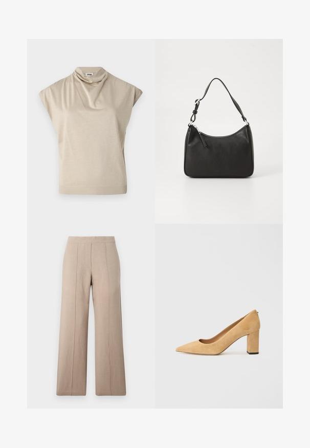 Top beige a maniche corte con una scollatura drappeggiata. Tessuto liscio, vita aderente e orlo a coste. Realizzato in un tessuto leggero e elasticizzato.; Pantaloni beige a gamba larga realizzati in tessuto leggero, con pieghe frontali, una vita liscia e una linea dritta con orli puliti.; Pump beige in suede con tacco alto, punta affilata e tacco a blocco massiccio. Il materiale ha una consistenza morbida con una finitura liscia.; Borsa a tracolla in pelle nera con forma curva, una tracolla singola, chiusura con zip e marchio discreto sul fronte. Texture liscia, design minimalista.