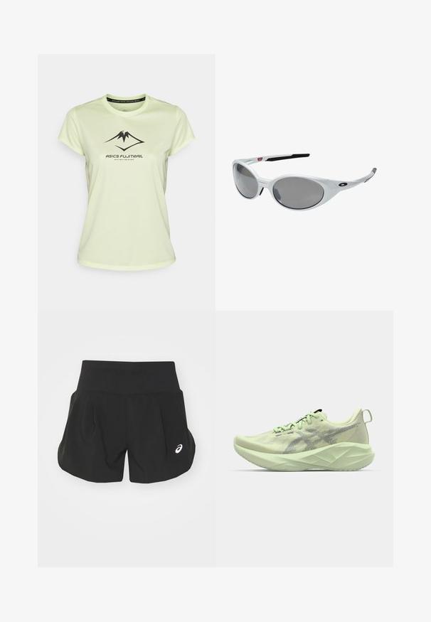 ASICS FUJITRAIL żółty; Czarne szorty sportowe z szerokim pasem, regularnym krojem i małym białym akcentem z logo w dolnym lewym rogu. Miękki, lekki materiał.; Jasnozielony but sportowy z siateczkową cholewką, teksturowanymi akcentami oraz grubą, kątową podeszwą dla lepszego amortyzowania i wsparcia.; Białe plastikowe okulary przeciwsłoneczne z dużymi owalnymi soczewkami o szarym zabarwieniu. Posiadają czarne wkładki na uszy oraz małe logo na ramce. Gładkie wykończenie.