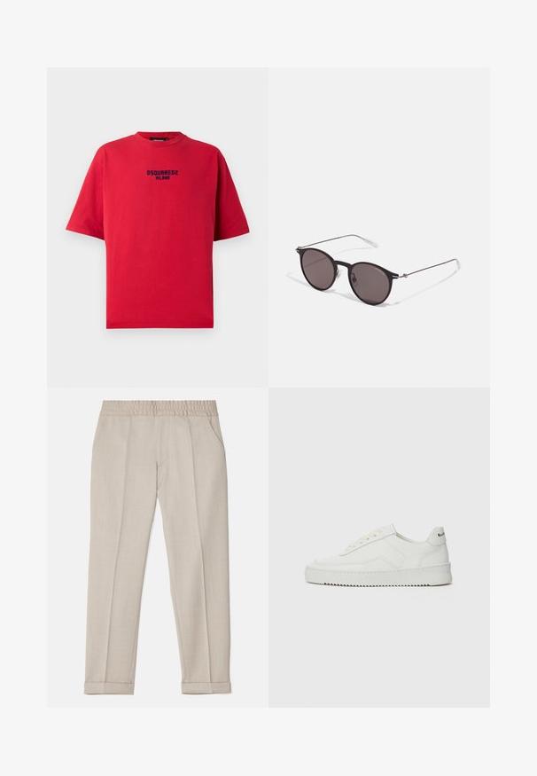 Red cotton t-shirt with a crew neck, short sleeves, and a black printed logo reading "DSQUARED2 MILANO" on the front.; Filippa K TERRY CROPPED TROUSERS - Trousers - sage melange; White leather sneaker with a smooth finish, round toe, flat laces, and a textured sole. Features a subtle logo on the heel.; Black round sunglasses with dark lenses and slim metal arms. Includes clear temple tips and silver accents at the hinge. Minimalist design.