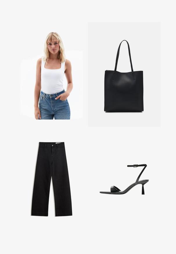 Witte tanktop met een vierkante halslijn, gemaakt van gladde stof, gecombineerd met hooghangende blauwe spijkerbroeken. Eenvoudig ontwerp, minimale details.; Zwarte denim broek met wijde pijpen en een hoge taille, voorzien van voor- en achterzakken, gestikte naden en een knoopsluiting. Gladde textuur.; Bershka Sandalen met hoge hak - black; Zwarte leren handtas met een gladde textuur, rechthoekige vorm en twee lange handvaten. Geen zichtbare hardware of versieringen.