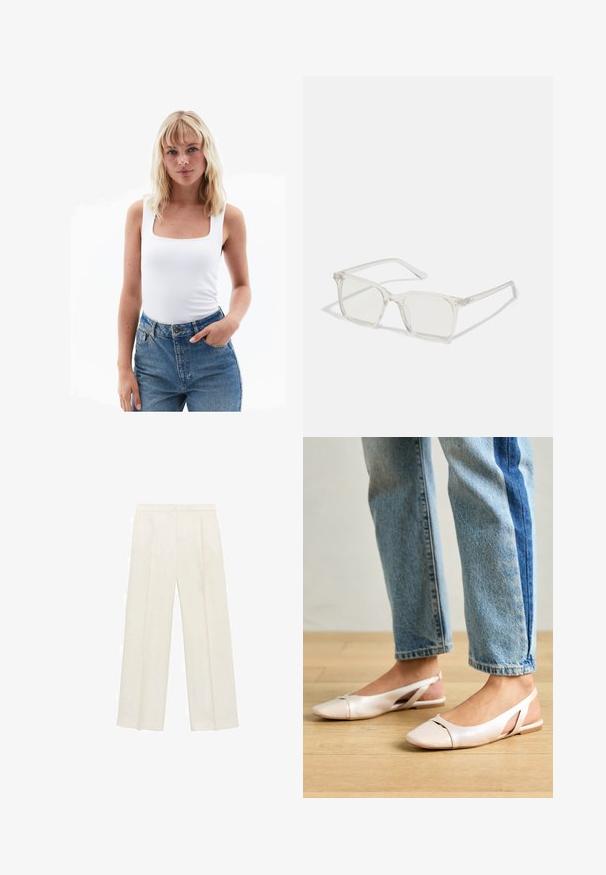 Witte tanktop met een vierkante halslijn, gemaakt van gladde stof, gecombineerd met hooghangende blauwe spijkerbroeken. Eenvoudig ontwerp, minimale details.; Wijdgevallen broeken in een lichtcrème kleur. Gemaakt van een zachte stof met plooien aan de voorkant en zijzakken.; Zachtroze slingback ballerina's met een spitse neus, gemaakt van een glad leerachtig materiaal. Bevat uitsnijdingen aan de zijkanten en heeft een platte hak.; Heldere plastic vierkante monturen met doorzichtige glazen, gekenmerkt door gouden accenten op de slapen voor extra detail.; Bruin lederen emmerzak met twee voorzakken met gespsieraden. De tas heeft een gladde textuur en een verstelbare schouderriem.