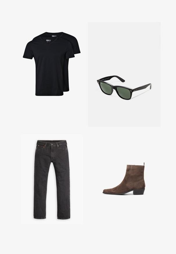 T-shirts pretos com decote em V feitos de tecido de mistura de algodão. Mangas curtas, ajuste descontraído e textura suave. O pacote inclui duas camisetas.; Jeans de denim pretos de perna reta com cinco bolsos, fecho de botão e rebites de cobre, dispostos sobre um fundo branco.; Botim de tornozelo em camurça castanha com bico pontiagudo, salto baixo em bloco e uma alça na parte de trás para facilitar o calçar. Textura suave e design simples.; Óculos de sol de plástico preto com lentes verdes, armações quadradas, detalhe prateado na sobrancelha e hastes texturizadas. Marca indicada na parte interna da haste.