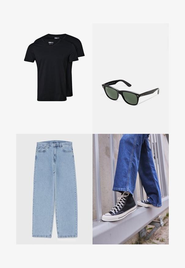 Zwarte v-hals t-shirts gemaakt van een katoenmix. Korte mouwen, relaxte pasvorm en een soepele textuur. De verpakking bevat twee shirts.; Lichtblauwe denim jeans met een recht model, voorzien van een middelhoge taille, vijf zakken en een knoop- en ritssluiting.; Zwarte hoge sneakers met witte zool en veters, gecombineerd met losse blauwe denim jeans, rustend op een grijze leuning.; Zwarte plastic zonnebril met groene lenzen, vierkante montuur, zilveren accent op de wenkbrauw en een gestructureerde tempel. Merken vermeld op de binnenkant van de arm.