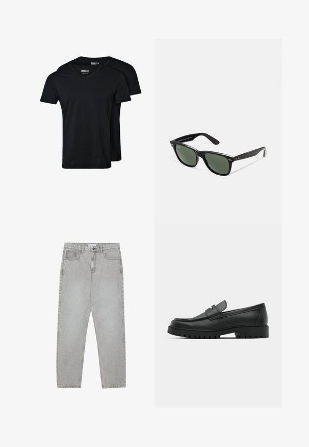 Black v-neck t-shirts made of cotton blend fabric. Short sleeves, relaxed fit, and smooth texture. Pack includes two shirts.; Light grey denim pants with a straight-leg design, five-pocket styling, and a button closure. Visible stitching along the seams.; Black leather loafers with a rounded toe, featuring a stitched design, low platform sole, and a textured, lugged rubber outsole.; Black plastic sunglasses with green lenses, square frames, silver accent on the brow, and textured temple arms. Stated brand on inner arm.