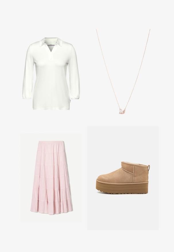 Langærmet hvid polo-shirt lavet af blødt stof, med V-hals og en stolpe. Samlede manchetter og et mærke på siden.; Lys pink, lagdelt maxi skirt lavet af et tekstureret, letvægtsstof. Elastisk talje og flydende kant med flæse-detaljer.; Beige ruskinds ankelstøvler med et blødt indre, der har en platformssål og en strop bagpå for nem påtagning. Tekstureret gummisål.; Rosaguld halskæde med en svanevedhæng, prydet med klare krystaller. Kæden har et delikat linksdesign.