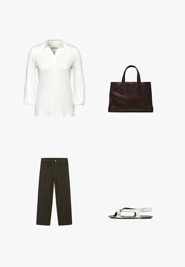 Langärmliges weißes Polohemd aus weichem Stoff, mit V-Ausschnitt und kurzer Knopfleiste. Gerüschte Bündchen und ein Etikett an der Seite.; Dunkelgrüne Jeans im weit geschnittenen Style, hergestellt aus einem Baumwollgemisch. Sie verfügen über einen Frontknopfverschluss, fünf Taschen und klassische Denim-Nähte.; Weiße Leder-Sandale mit flacher Sohle, offenem Zehendesign und seitlichem Schnallenriemen. Verfügt über ausgeschnittene Details entlang der Seiten.; Braune Ledertasche mit zwei langen Griffen, strukturierte rechteckige Form, glatte Textur und dezente Nähdetails.