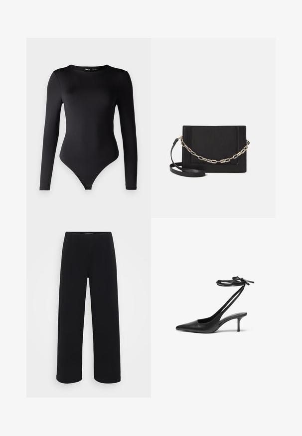 ONLY Petite ONLLONE BODYSTOCKING - Long sleeved top - black; Black wide-leg pants with an elastic waistband. Made from a textured material, featuring a loose fit and straight cut from hips to hem.; Black leather stiletto shoe with a pointed toe, open back, and ankle straps tied in a bow. Slim 3-inch heel. Smooth texture, minimalist design.; Black leather crossbody bag featuring a smooth texture, rectangular shape, and a metallic chain detail on the front. Adjustable strap included.