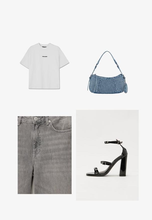 Valkoinen lyhythihainen crewneck-t-paita, joka on valmistettu puuvillasta. Rinnassa on musta "PEGADOR" -logo. Yksinkertainen, laatikkomainen muoto.; Harmaa farkkukangas, jossa on sileä pinta, etuosassa nappi ja vetoketju, sivutaskut sekä hienovaraiset ompeluyksityiskohdat.; Musta kiiltäväpintainen korkokengät, joissa on kaksi solkikiinnitystä, neliönmuotoinen kärki ja paksu korko, sileällä, kiiltävällä pintarakenteella.; Denim-käsilaukku, jossa on kaareva muoto, vaaleansininen väri, säädettävä olkahihna ja pieni irrotettava pussukka metallikoristeilla.