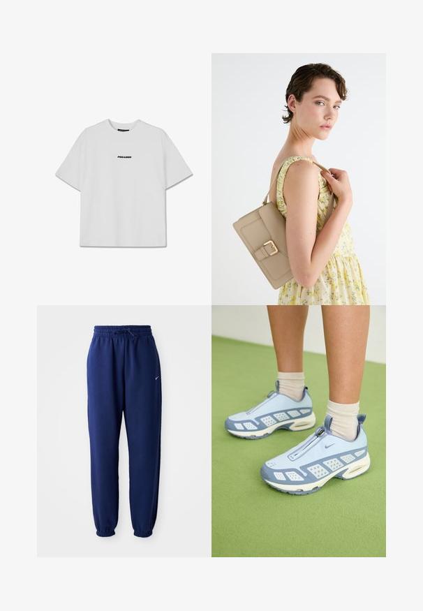 Valge lühikeste varrukatega ümar kaelusega T-särk, mis on valmistatud puuvillast. Rinnal on must "PEGADOR" logo. Lihtne, kastiline lõige.; Tumesinine dressipluus, mis on valmistatud pehmest kangast, elastse vöökoha ja nööriga, elastsete mansettide ning väikese valge logoga.; Heledad sinised spordijalatsid valgete detailidega, tekstuuriga paneelid ja tõmblukk. Omab nähtavat õhuklotsiga tallat ja kummist välispinda.; Bež nahkrahakott struktureeritud disainiga, kuldse bukaatoriga ja reguleeritava rihmaga, esitatud heleda tausta ees.