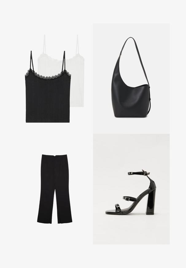 To af camisole-toppe: en sort og en hvid. Begge har tynde stropper og en blondekant langs udskæringen. Lavet af ribbet stof.; Sorte bukser med lige pasform, der har frontlommer og slidser i kanten. Lavet af blødt, glat stof. Velegnet til forskellige anledninger.; Sorte patenterede hælsandaler med firkantet tå, ankelremme og sølvspænder. Har en chunky blokHæl for stabilitet.; Sort læder hobo taske med en glat overflade, buet form og en enkelt justerbar rem; har en bred åbning øverst.