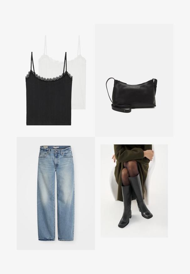 Divas mežģīņu topi: viens melns un viens balts. Abiem ir plāni siksniņi un mežģīņu apmalē gar kakla līniju. Izgatavoti no ribots auduma.; Gaiši zili plata kāja džinsi, izgatavoti no denima. Iespējas: pogu un rāvējslēdzēja aizdare, pieci kabatas un izbalināts apdare ar nedaudz nodilumu apakšējā malā.; Ceļgalu augstuma melni ādas zābaki ar kvadrātu purngalu un bloku papēdi, attēloti modelī, kurš sēž olīvu zaļā mētelī. Gluda tekstūra, minimāla apdare.; Melna ādas plecu soma ar gludu tekstūru, izliekta forma, regulējama siksna un rāvējslēdzēja aizdare. Minimālistisks dizains bez rotājumiem.