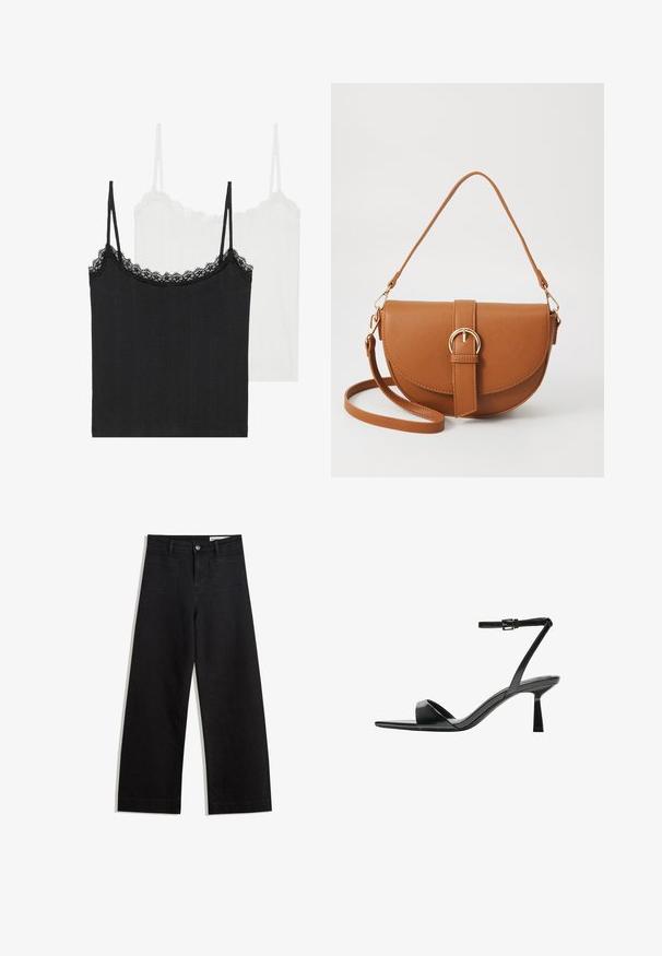 To camisoler i sort og hvid. Begge har blonder ved halsudskæringen og tynde justerbare stropper samt et tekstureret ribbet stof.; Sorte wide-leg denim bukser med høj talje, der har front- og baglommer, syede sømme og en knaplukning. Glat tekstur.; Bershka Højhælede sandaletter / Højhælede sandaler - black; Brun læder crossbody taske med en buet form, guldfarvet hardware og en spændeaccent. Har en aftagelig skulderrem.