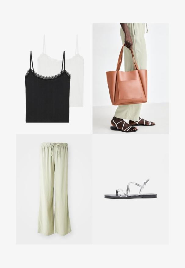 Zwei Spaghettitops: eines in Schwarz und eines in Weiß. Beide haben dünne Träger und eine Spitzenborte am Ausschnitt. Hergestellt aus geripptem Stoff.; Hellgrüne, weite Hosen mit einem elastischen Bund und Kordelzug. Hergestellt aus einem weichen, strukturierten Stoff; gesäumte Kanten ohne sichtbare Muster.; Silberne Riemchensandalen mit einer flachen schwarzen Sohle, ausgestattet mit dünnen metallischen Riemen und einer verstellbaren Schnalle am Knöchel. Durchgehend glatte Textur.; Tote-Bag aus braunem Leder mit einer rechteckigen Fronttasche, flachen Griffen und einem strukturierten Design. Getragen mit hellgrünen Hosen und Sandalen mit Riemchen.