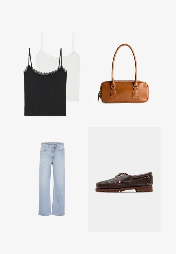 To af camisole-toppe: en sort og en hvid. Begge har tynde stropper og en blondekant langs udskæringen. Lavet af ribbet stof.; Lys blå vide bukser lavet af denim. Har bæltestropper, fem-lommer design og syede detaljer langs sømmene.; Brune læder bådsko med gyldne øjer, runde snørebånd og en struktureret brun gummisål. Har quiltede detaljer og et forhøjet logo.; Brun læderhåndtaske med to lange håndtag, rektangulær form, glat overflade, lynlås-lukning og hardware accenter i sølvfarve.