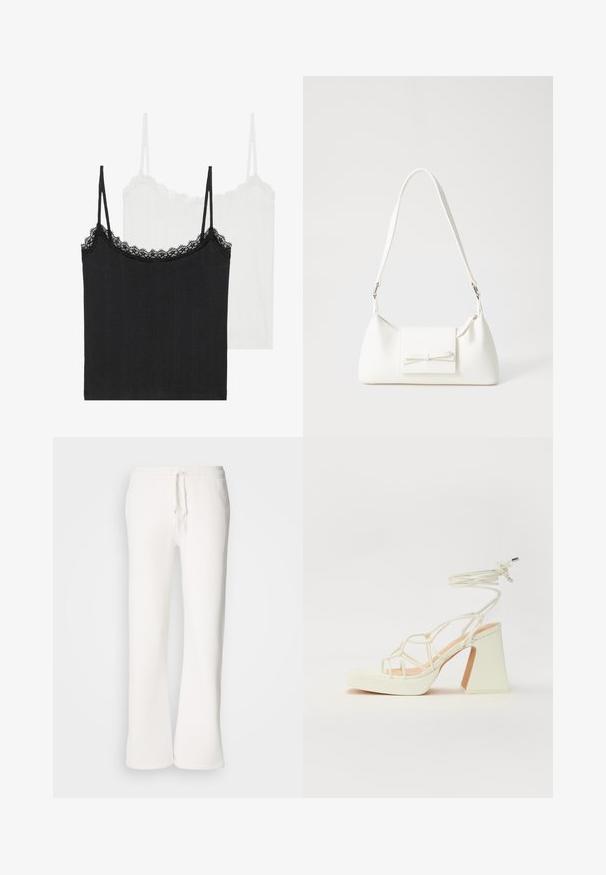 To af camisole-toppe: en sort og en hvid. Begge har tynde stropper og en blondekant langs udskæringen. Lavet af ribbet stof.; Hvide, afslappede sweatpants lavet af blødt materiale, med elastisk talje og snor samt lige ben.; Hvide højhælede sandaler med en kraftig hæl, der har et stropdesign og ankelbinding. Glat tekstur med en platform foran for ekstra højde.; Hvid syntetisk håndtaske med en trekantet form, flad forsideklap og sløjfedetalje, justerbar strop, glat tekstur og minimalistisk design.