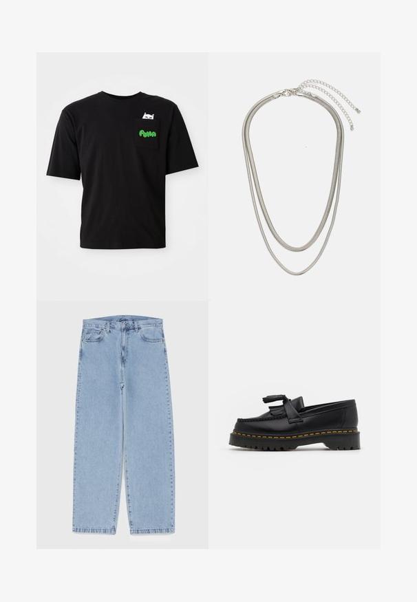 Čierne bavlnené tričko s krátkymi rukávmi, so vreckom a grafikou mačky a zeleným textom "PUMA". Voľný strih a hladká textúra.; Svetlomodré denimové džínsy s rovnými nohavicami, s polovysokým pásom, piatimi vreckami a zapínaním na gombík a zips.; Čierne kožené loafre s detailom na strapcoch, s masívnou čiernou podrážkou a žltým prešitím pozdĺž okraja. S textúrovaným povrchom.; Trojvrstvový náhrdelník zo strieborného kovu s elegantnými, flexibilnými reťazami s jemným leskom, zabezpečený sponou typu langusta a nastaviteľným reťazcom.