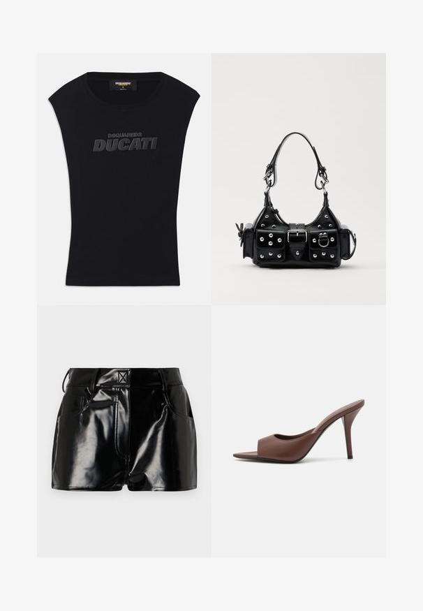 Must beebi, millel on ümmargune kaelus ja tõstetud must "DSQUARED2 DUCATI" logo rinnas, suurus väike, sildi taga on kirjas "made in Italy".; Mustad, läikivad lühikesed püksid sünteetilisest materjalist. Omab kitsast piha, vöölõike ja esimesi taskuid, millel on silmapaistvad õmbluse detailid.; Pruunid nahast avatud varvastega kõrged kontsad, millel on stiilne disain, laia eesrihma ja peene stilettokontsaga.; Must värvi nahast käekott, millel on kaarjas disain, hõbedased nupukesed, kinnitusahe ja kaks külgtaskut. Reguleeritav rihm erinevate kandmisvõimaluste jaoks.