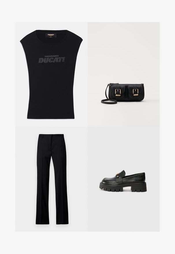 Tricou negru fără mâneci cu decolteu rotund și logo-ul ridicat negru "DSQUARED2 DUCATI" pe piept, mărimea mică, etichetă "made in Italy" în interiorul gulerului.; Pantaloni negri cu croi drept, dintr-un material neted, cu front plat, brâuri pentru curea și fără buzunare sau embellishments vizibile.; Mocasini negri din piele cu o talpă groasă, având un accent aurit în față și un finisaj neted. Design cu ștanțare groasă pe talpă.; Geantă neagră din piele, tip crossbody, cu două buzunare frontale, catarame aurii, închidere cu fermoar și o curea subțire. Suprafață texturată și formă rectangulară compactă.
