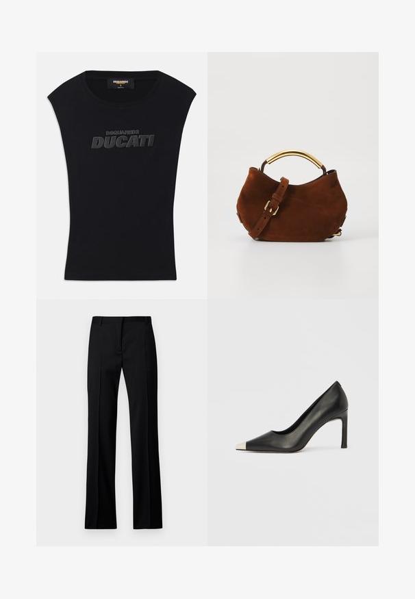 Tricou negru fără mâneci cu decolteu rotund și logo-ul ridicat negru "DSQUARED2 DUCATI" pe piept, mărimea mică, etichetă "made in Italy" în interiorul gulerului.; Pantaloni negri cu croi drept, dintr-un material neted, cu front plat, brâuri pentru curea și fără buzunare sau embellishments vizibile.; Pantof cu toc înalt din piele neagră, cu vârf ascuțit și un capac metalic argintiu. Are un finisaj neted și un toc subțire de 10 cm.; Geantă din suede maro cu un mâner curbat din metal auriu, curea ajustabilă și textură moale. Prezintă un design minimal și fără elemente de fixare vizibile.