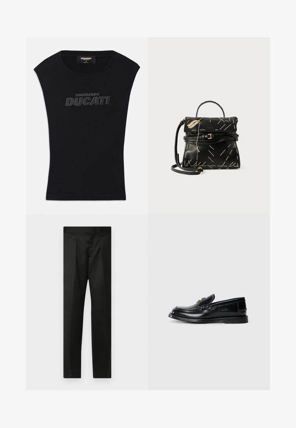 Melnā bez piedurknēm T-kreklā ar apaļu kakla izgriezumu un reljefu melnu "DSQUARED2 DUCATI" logo uz krūtīm, izmērs mazs, ar "Made in Italy" uzrakstu iekšējā apkaklītē.; Melnas bikses ar gludu audumu, pielāgotu dizainu, taisnām kājām un platu jostu bez redzamām aizdaram vai kabatām.; Melna ādas loaferi ar izšuvuma dizainu, nelielu priekšējo atloku un plakanu gumijas zoli. Gluda tekstūra ar zeltainām detaļām.; Melnas ādas rokassomu ar ģeometrisku baltu šuvumu, augšējo rokturi un noņemamu plecu siksnu. Iekļauj zeltītus akcentus un rāvējslēdzēja aizdari.