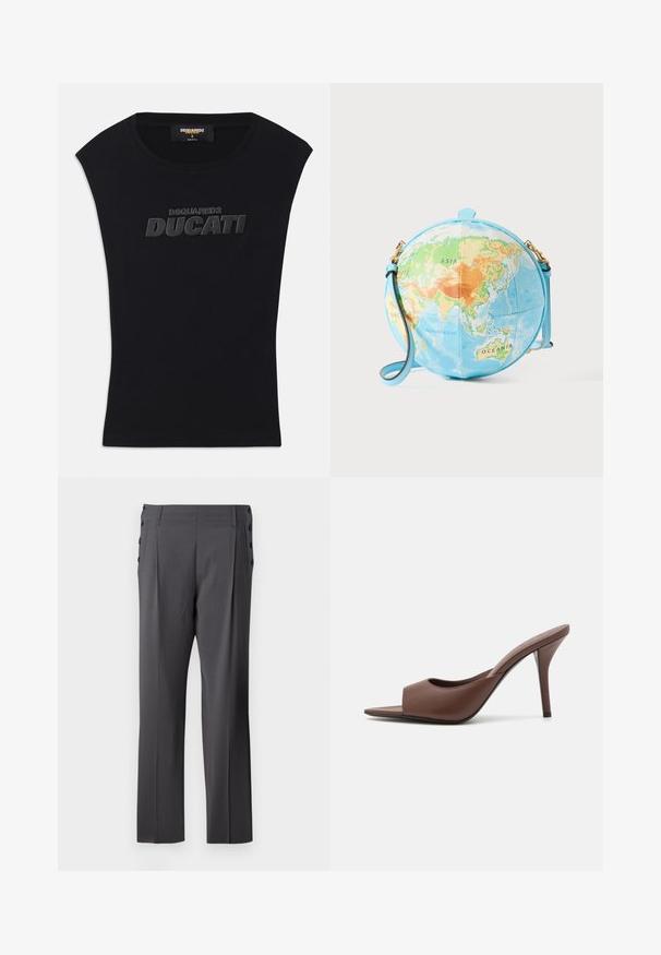 Camiseta sin mangas negra con cuello redondo y logo en relieve negro "DSQUARED2 DUCATI" en el pecho, talla pequeña, etiqueta de hecho en Italia en el interior del cuello.; Pantalones gris ajustados con diseño de pierna recta, pliegues frontales y botones decorativos en los laterales para un detalle adicional. Textura de tela suave.; Mules de tacón alto destalonados de cuero marrón con un diseño elegante, que cuentan con una amplia banda frontal y un tacón de aguja esbelto.; Bolso bandolera redondo que se asemeja a un globo terráqueo, con una base azul clara y un mapa detallado en tonos verdes, naranjas y azules; detalles metálicos en color dorado.