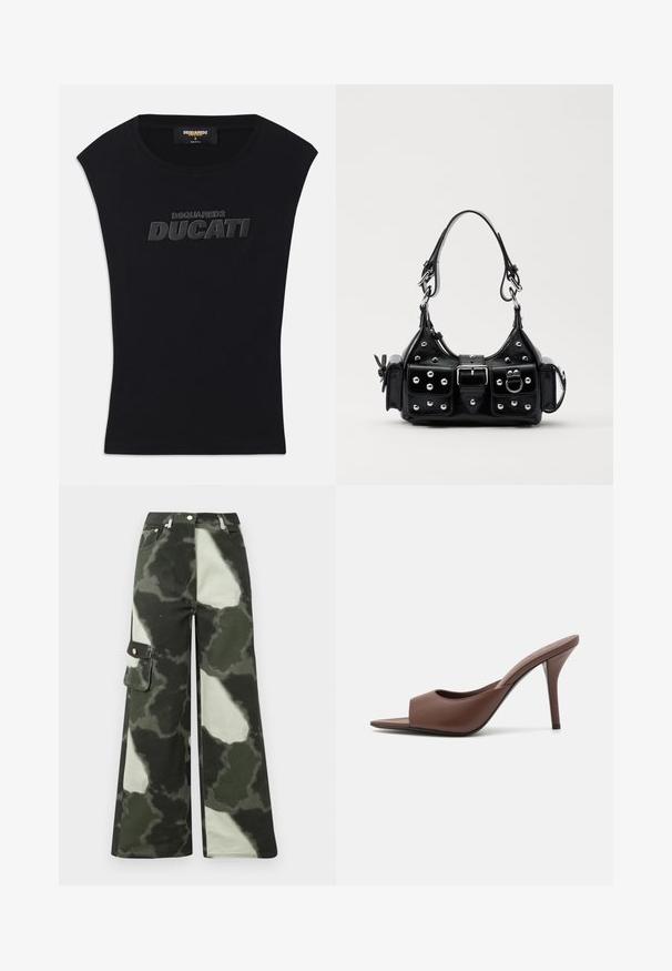 Camiseta sin mangas negra con cuello redondo y logo en relieve negro "DSQUARED2 DUCATI" en el pecho, talla pequeña, etiqueta de hecho en Italia en el interior del cuello.; Pantalones cargo de pierna ancha en un patrón de camuflaje gris claro y verde oscuro. Presentan un bolsillo lateral y un botón de metal, fabricados en un material de algodón duradero.; Mules de tacón alto destalonados de cuero marrón con un diseño elegante, que cuentan con una amplia banda frontal y un tacón de aguja esbelto.; Bolso de mano de cuero negro con un diseño curvado, que cuenta con tachuelas plateadas, una hebilla y dos bolsillos laterales. Correa ajustable para opciones de transporte.