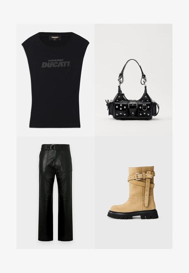 Črna brezrokavna majica s krožnim izrezom in dvignjenim črnim logotipom "DSQUARED2 DUCATI" na prsih, velikost S, oznaka "made in Italy" na notranji strani ovratnika.; Visoko pasovane črne usnjene hlače širokih nogavic z velikimi sprednjimi žepi in usnjenim pasom s podvojenim zaponko.; Svetlo rjavi semiš škornji do meč, s črnim debelim podplatom, srebrnimi zaponkami, ki se prekrivajo ob strani, in embosiranim logotipom Moschino Milano blizu vrha.; Črna usnjena torbica s ukrivljenim dizajnom, ki vsebuje srebrne žebljičke, zaponko in dve stranski žepki. Nastavljiv trak za različne možnosti nošenja.