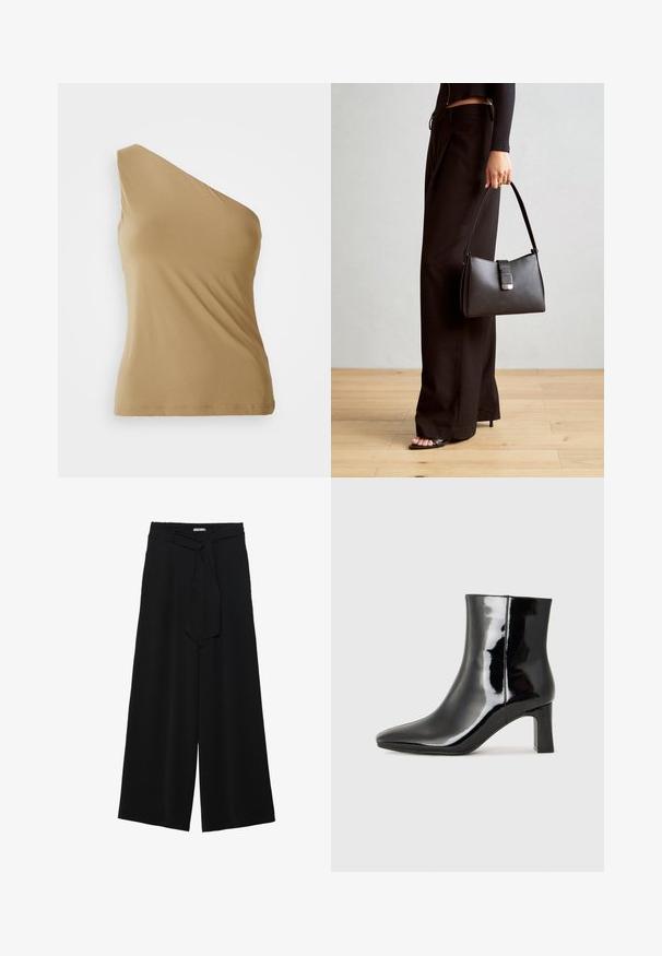 Top asimétrico de un solo hombro en beige, hecho de un tejido suave y elástico. Presenta una silueta ajustada y un dobladillo limpio.; Pantalones de pierna ancha negros con un tejido texturizado, una cinturilla elástica y un lazo desmontable en la cintura para un ajuste ajustable.; Botín de charol negro con punta afilada y un tacón de bloque de altura media. Textura suave y diseño minimalista.; Bolso negro con forma estructurada, textura suave y un cierre metálico. Combinado con pantalones anchos negros y sandalias de dedo en un suelo de madera.