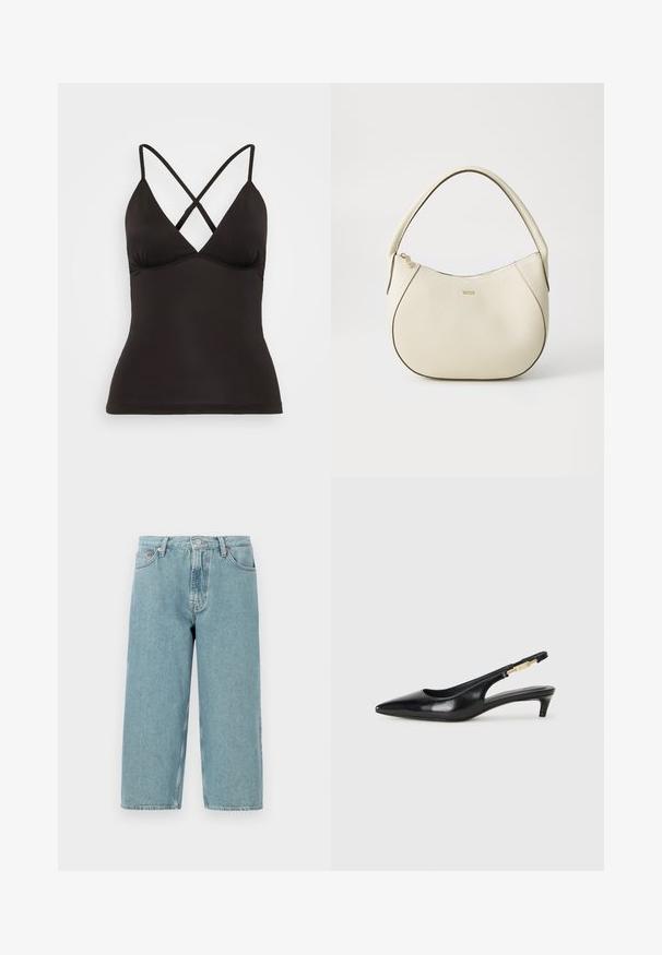 Camisola preta com alças cruzadas ajustáveis, apresentando um decote em V profundo e uma silhueta justa. Feita de um tecido suave e elástico.; Shorts de denim azul claro com cintura alta, corte reto e bainha desfiada. Apresenta um fecho clássico de botão e zipper, além de quatro bolsos.; Saltos slingback em couro preto com bico fino, apresentando um salto esguio e um detalhe em tom dourado na alça ajustável. Textura suave.; Saco de mão em tom creme com um acabamento texturizado, forma curva, alça curta e detalhe do logótipo em tom dourado. Fecho com zíper na parte superior.