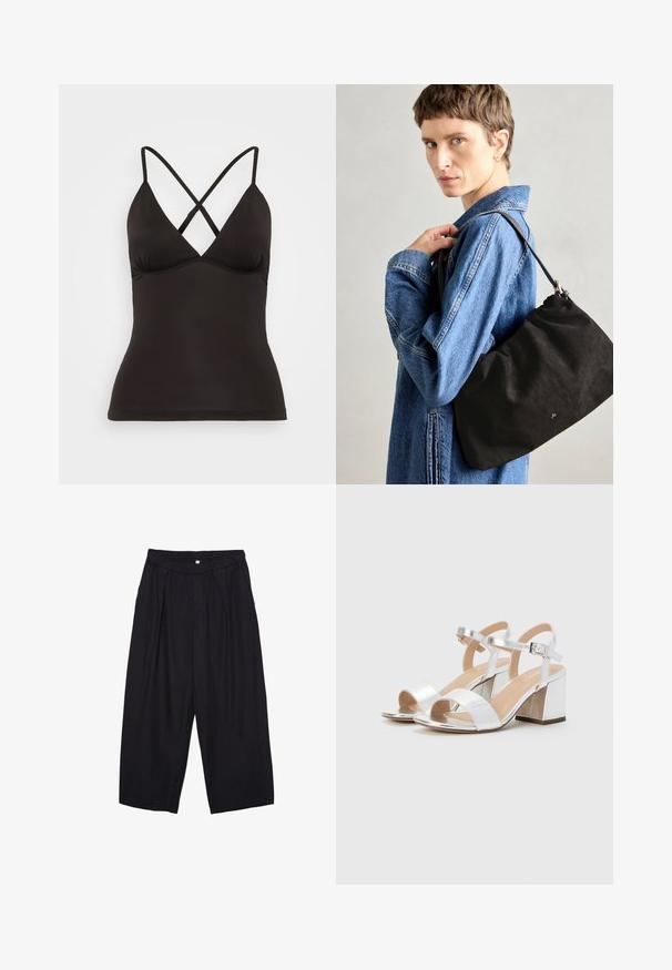 Camisola nera con spalline incrociate regolabili, caratterizzata da una profonda scollatura a V e una silhouette aderente. Realizzata in tessuto morbido ed elastico.; Pantaloni culotte neri in poliestere con una cintura elastica, due pieghe frontali e una silhouette ampia. Nessun motivo visibile o dettagli in metallo.; Sandali alti argentati con punta aperta, caratterizzati da due larghe cinghie e un tacco a blocco arrotondato. Texture liscia con finitura metallica.; Borsa a tracolla in suede nero con una forma morbida e strutturata, dotata di una tracolla in pelle sottile e un discreto logo del marchio. Il modello indossa una giacca di jeans.