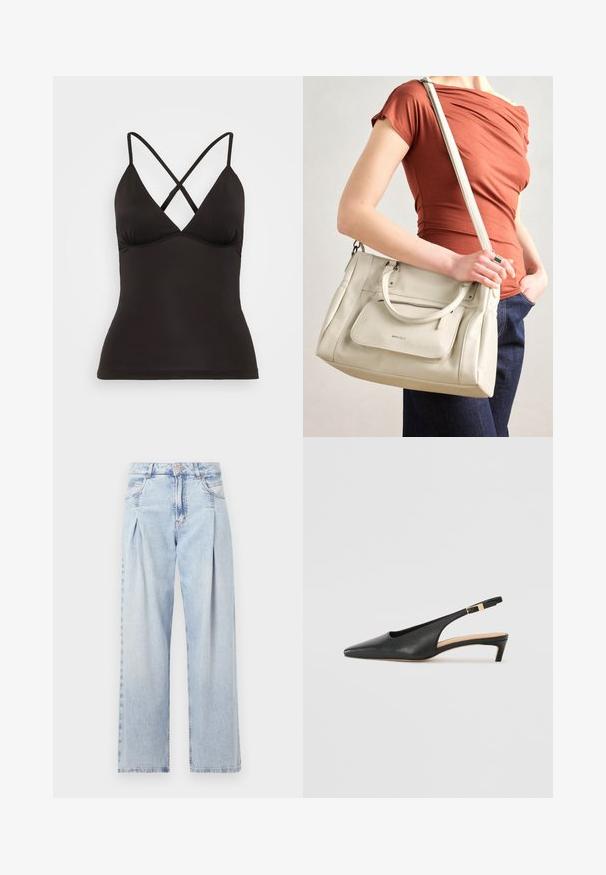 Melna kamzola ar regulējamiem krusteniskiem siksniņām, ar dziļu V-veida kakla izgriezumu un pieguļošu siluetu. Izgatavota no gludas, elastīgas auduma.; Gaiši zilas džinsu bikses ar augstu jostasvietu, plats kāju griezumu, divām sānu kabatām un krokotā dizaina akcentiem. Mīksta tekstūra ar izdilušu apdari.; Melnas ādas siksniņu kurpes ar norādītu purngalu, zemu papēdi un regulējamu potītes siksniņu ar zelta tonēta sprādzi. Gluda tekstūra.; Balta ādas rokas soma ar diviem rokturiem un noņemamu siksnu, ar priekšējo rāvējslēdzēja kabatu un gludu tekstūru. Cilvēka rokā.