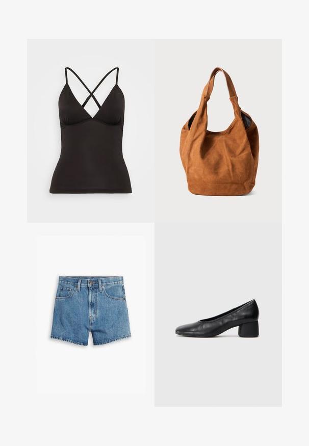 Black camisole with adjustable cross-back straps, featuring a deep V-neck and a fitted silhouette. Made from smooth, stretchy fabric.; Denim shorts in light blue, featuring five pockets, a zip fly, and a button closure. The hem is frayed with a relaxed fit design.; Black leather pump with a rounded toe and mid-block heel. Smooth texture with minimal detailing, featuring a subtle elastic opening.; Brown suede shoulder bag with a soft texture, curved shape, and two handles. Features a minimal design with no visible hardware or accents.