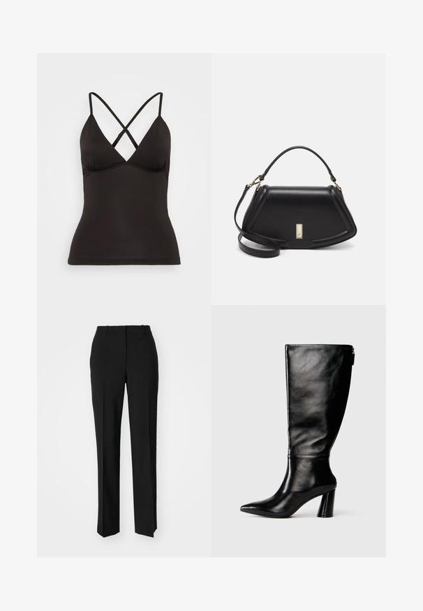Camisola nera con spalline incrociate regolabili, caratterizzata da una profonda scollatura a V e una silhouette aderente. Realizzata in tessuto morbido ed elastico.; Pantaloni neri su misura con un design a gamba dritta, caratterizzati da una texture liscia e pieghe ben definite sul davanti. Senza hardware visibile.; Stivale in pelle nera, alto fino al ginocchio, con punta affusolata, superficie liscia e tacco spesso. Presenta un dettaglio con zip sul retro.; Borsa a mano in pelle nera con un design strutturato, caratterizzata da una forma corta, manico superiore e accessori in metallo dorato. Inclusa tracolla regolabile.