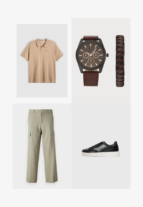 Camisola polo bege feita de algodão, com colarinho clássico, mangas curtas e um pequeno logótipo vermelho da Levi's no peito. Textura suave.; Calças cargo verde claro com um design de perna reta, apresentando bolsos laterais e uma textura de tecido suave. Visão traseira exibida.; Tênis pretos com cabedal em couro texturizado com relevo de crocodilo, bico arredondado e sola de borracha branca em contraste, com acabamento suave.; Pier One SET - Relógio - black/brown